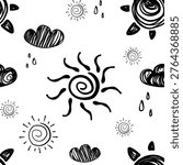 Seamless weather pattern with hand drawn sun clouds and rain in black and white doodle style minimal playful design for backgrounds textiles wrapping paper and seasonal projects.Vector illustration