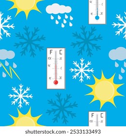 Padrão Meteorológico Contínuo: Termômetro, Nuvem de Chuva, Tempestade, Sol, Floco de Neve. Gráficos vetoriais