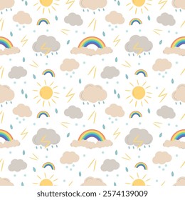 A seamless weather-themed pattern featuring playful depictions of rainbows, suns, clouds, raindrops, and lightning. Hand drawn vector image. 