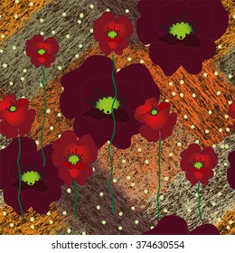 Seamless weave grunge striped diagonal pattern with floral applique of red poppies