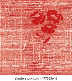 Seamless weave pattern with embroidery of red poppy on grunge striped interlace background