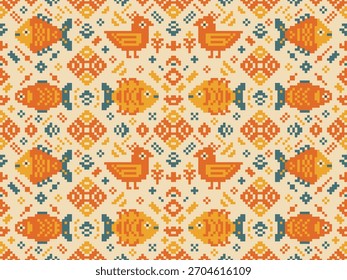 Patrón de tejido sin fisuras con ilustraciones de pescado y pollo en estilo de Vector limpio
