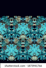 Seamless weaved border pattern with sea anemones, algae, on dark background