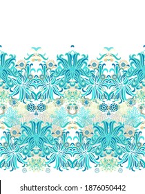 Seamless weaved border pattern with sea anemones, algae, on white background