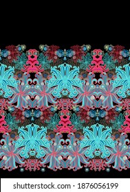 Seamless weaved border pattern with sea anemones, algae, on dark background