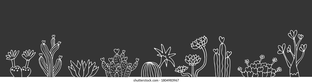 seamless web banner cacti and succulents.hand drawn cacti on a chalkboard background.dark background with cacti for web page.pattern seamless cacti on a dark background.poster on a dark 