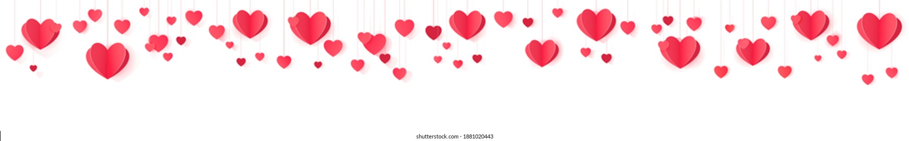 Banner web impecable colgando corazones de papel para decoración de encabezados de sitios web y diseño de paquetes