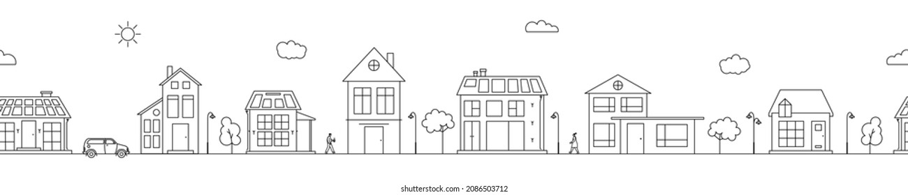 Seamless web banner with Neighborhood line art vector illustration. Cityscape with monochrome residential buildings and solar panels on roofs