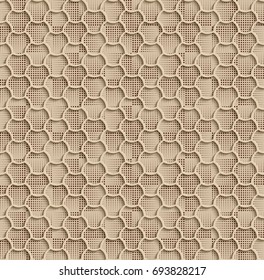 Seamless Web Hexagon Pattern.  Beige Tile Surface Black Dots Of Different Sizes On The Bottom Layer. Frame Border Wallpaper. Elegant Repeating Vector Ornament