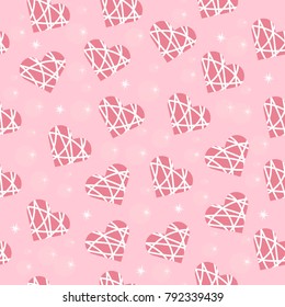 seamless wedding background of pink color with hearts in white stripes for Valentine's Day holiday, pattern texture with sparkling stars and hearts for the day of all lovers