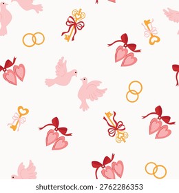 Seamless Wedding Icons Pattern with Rings, Doves, Flowers, Romantic Background for Invitations, Fabric, Wrapping Paper