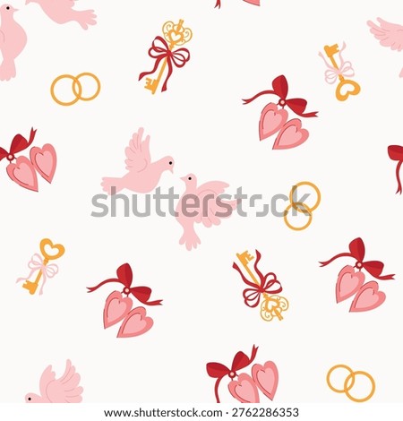 Seamless Wedding Icons Pattern with Rings, Doves, Flowers, Romantic Background for Invitations, Fabric, Wrapping Paper