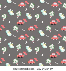 Seamless Wedding Pattern with Car, Rings, and Flower Bouquet Vector Design