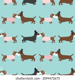 Seamless wedding pattern with dachshunds groom and bride on blue background. Vector illustration.