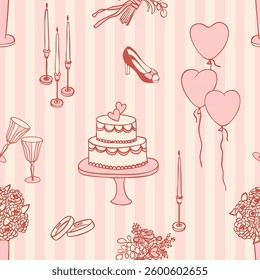 Seamless Wedding Pattern in doodle ink style. Romantic Vector Background with hand drawn Celebration Elements