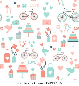 Seamless wedding pattern in retro colors. Vector background