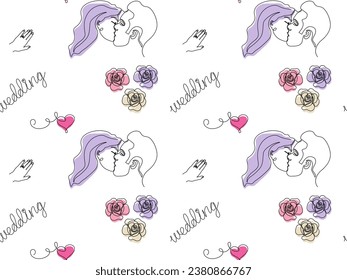 Seamless wedding pattern of roses, hearts and kissing lovers one continuous line art drawing