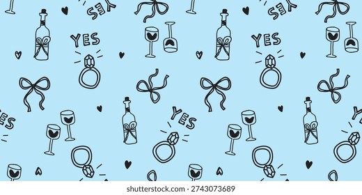 Seamless Wedding Proposal Pattern on Light Blue Background. Engagement Ring, Champagne Bottle, Wine Glasses and Hearts Doodle Vector Illustration Background.