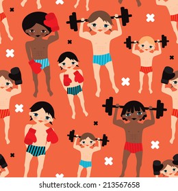 Seamless weight lifting cool bodybuilder boys and boxers illustration vintage style background pattern in vector