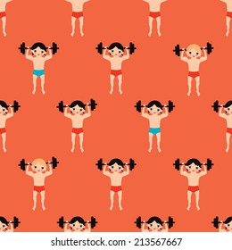 Seamless weight lifting cool bodybuilder boys illustration vintage style background pattern in vector