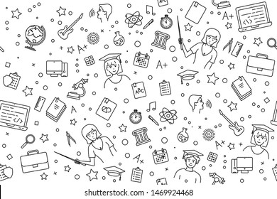 seamless welcome back to school pattern made with modern thin outline icons such as globe, teacher, kid, case, guitar, book, magnifier, star, atom