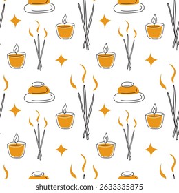 Seamless wellness-themed pattern with candles, incense sticks, and zen stones. Ideal for spa branding, aromatherapy packaging, and relaxation-related designs.
