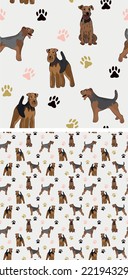 Patrón de perro de tierra sin foco, textura de vacaciones. Formato cuadrado, camiseta, afiche, embalaje, textiles, medias, textiles, tela, decoración, papel de embalaje. Papel pintado de moda de perro galés dibujado a mano.