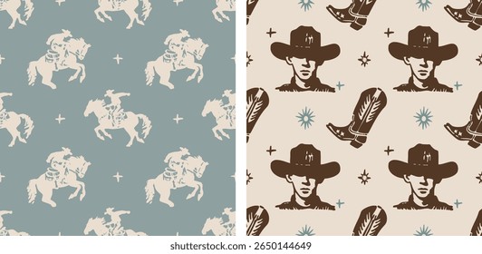 Seamless Western Cowboy Pattern with Boots, Portraits, and Horse Riders – Vintage Wild West Vector Background