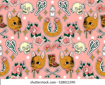 Seamless western pattern. Set of stickers, pins, patches and handwritten notes collection in cartoon. Cat, horseshoe, arrow, skull and other.  Vector illustration