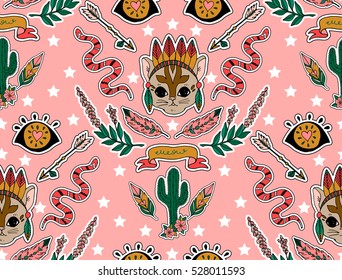 Seamless western pattern. Set of stickers, pins, patches and handwritten notes collection in cartoon. Cat,cactus, arrow, eye and other.  Vector illustration