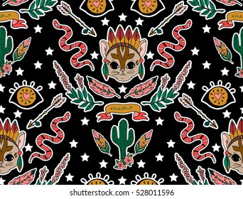 Seamless western pattern. Set of stickers, pins, patches and handwritten notes collection in cartoon. Cat,cactus, arrow, eye and other.  Vector illustration