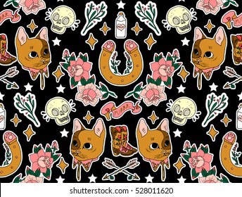 Seamless western pattern. Set of stickers, pins, patches and handwritten notes collection in cartoon. Cat, horseshoe, arrow, skull and other.  Vector illustration