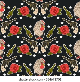 Seamless western pattern. Set of stickers, pins, patches and handwritten notes collection in cartoon.Hen, gun, bottle and rose. Vector illustration