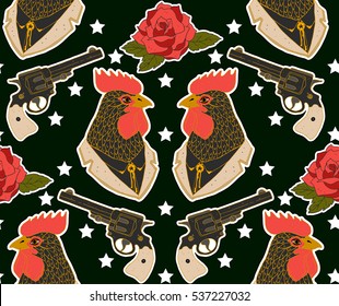 Seamless western pattern. Set of stickers, pins, patches and handwritten notes collection in cartoon.Hen, gun, bottle and rose. Vector illustration