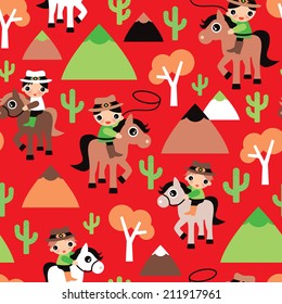 Seamless western retro red cowboy and horse cacti illustration wild west kids background pattern in vector