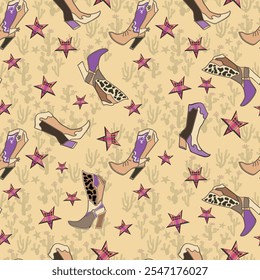 Nahtloses Western-Mottomuster mit Cowgirl-Stiefeln, karierten Sternen und Kakteen auf sandigem Beige. Ideal für digitale Scrapbooking, Hintergründe und Druckdesigns. Farben beige, lila, braun, rosa, rot.