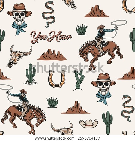 A seamless Western-themed vector pattern featuring cowboy skulls, rodeo riders, cacti, horseshoes, desert landscapes, and rustic typography.