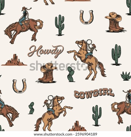 A seamless Western-themed vector pattern featuring Cowgirl, rodeo riders, cacti, horseshoes, desert landscapes, and rustic typography
