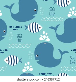 seamless whale and fish pattern vector illustration