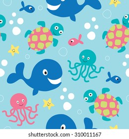 seamless whale, octopus, turtle, fish pattern vector illustration