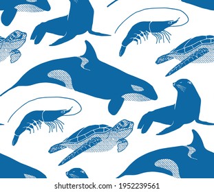 Seamless whale, sea turtle, seal, shrimp, print design