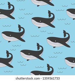 Seamless whales pattern. Marine vector background.