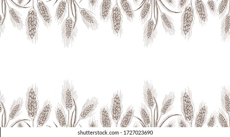 seamless wheat or barley background isolated on white. hand drawn sketch vector illustration. endless rye spikelets of wheat ears border, frame. banner, flyer template. bakery goods packaging design