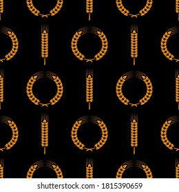 Seamless wheat ear pattern. Golden ears on black background. Vector illustration 10 eps