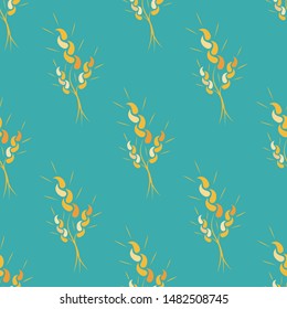 Seamless wheat grain close up pattern. Harvest ears bread in flat style. Vector Art Illustration. Abstract agricultural yellow ornament on blue background. Autumn design wrapping paper.