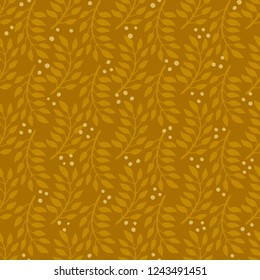 Seamless wheat Pattern. Fashion textile pattern with decorative branches on mustard background. Vector illustration.