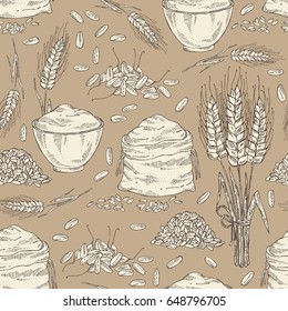 Seamless with wheat: plate and bag with flour and grain. Vector hand drawn illustration