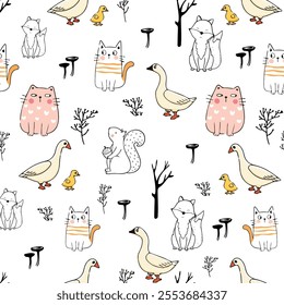 Seamless whimsical animal pattern with hand-drawn cats, ducks, foxes, squirrels, and trees. Perfect for backgrounds, textiles, and creative design projects. Vibrant, playful, and trendy.