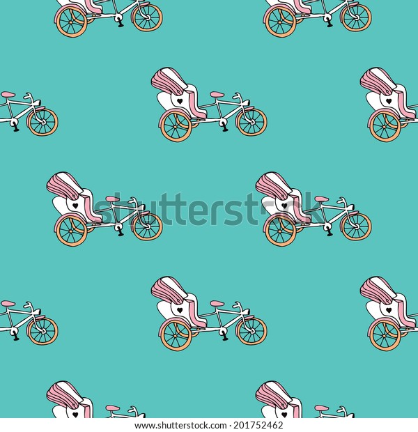 Seamless whimsical bike rickshaw illustration\
india theme background pattern in\
vector