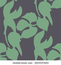 Seamless whimsical cute pattern of large abstract green botanical shapes on navy background.Endless floral ornament.Backdrop for fabric,textile,linen,covers,wrapping,decoupage,women clothes.Vector
